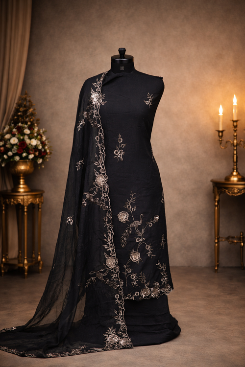 Midnight Noir Embroidered Cotton Mul Crushed Unstitched Suit Set
